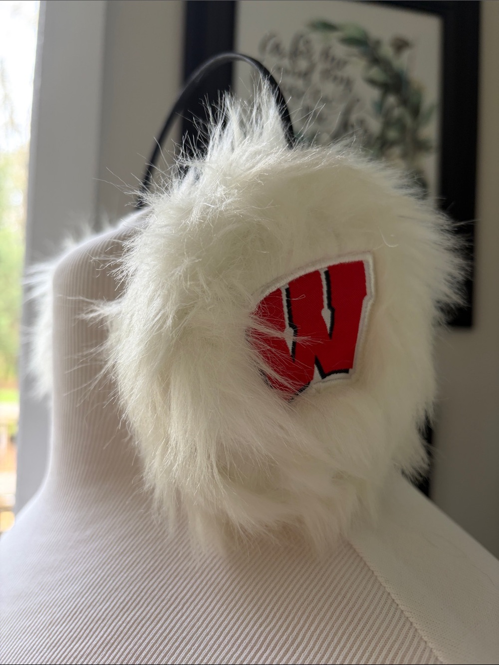 White Faux Fur Earmuffs with Red Wisconsin Badger 'W' Patch